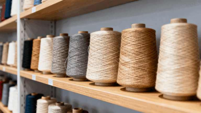 2025 11 24 5362 涤纶纱线样品展示，不同粗细和颜色的涤纶纱线卷整齐摆放在货架上，展现涤纶的多样性和