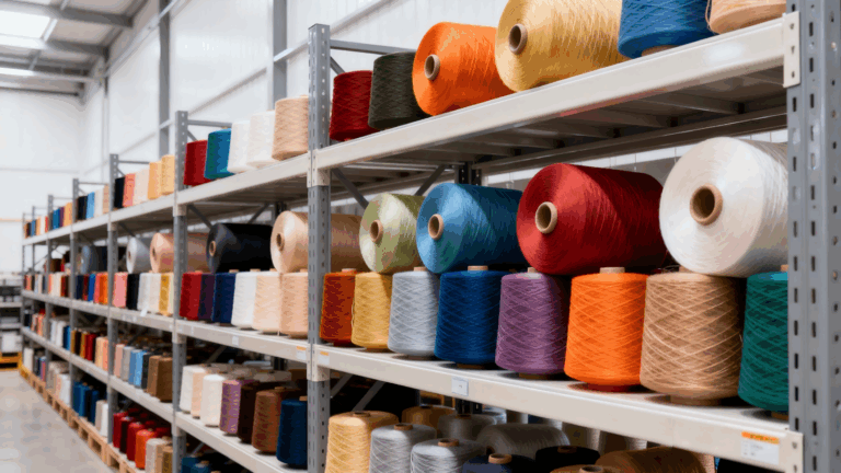2025 11 24 8103 各种颜色的化学纤维纱线整齐摆放在货架上，包括尼龙纱、涤纶纱、覆纱等不同材质和颜色